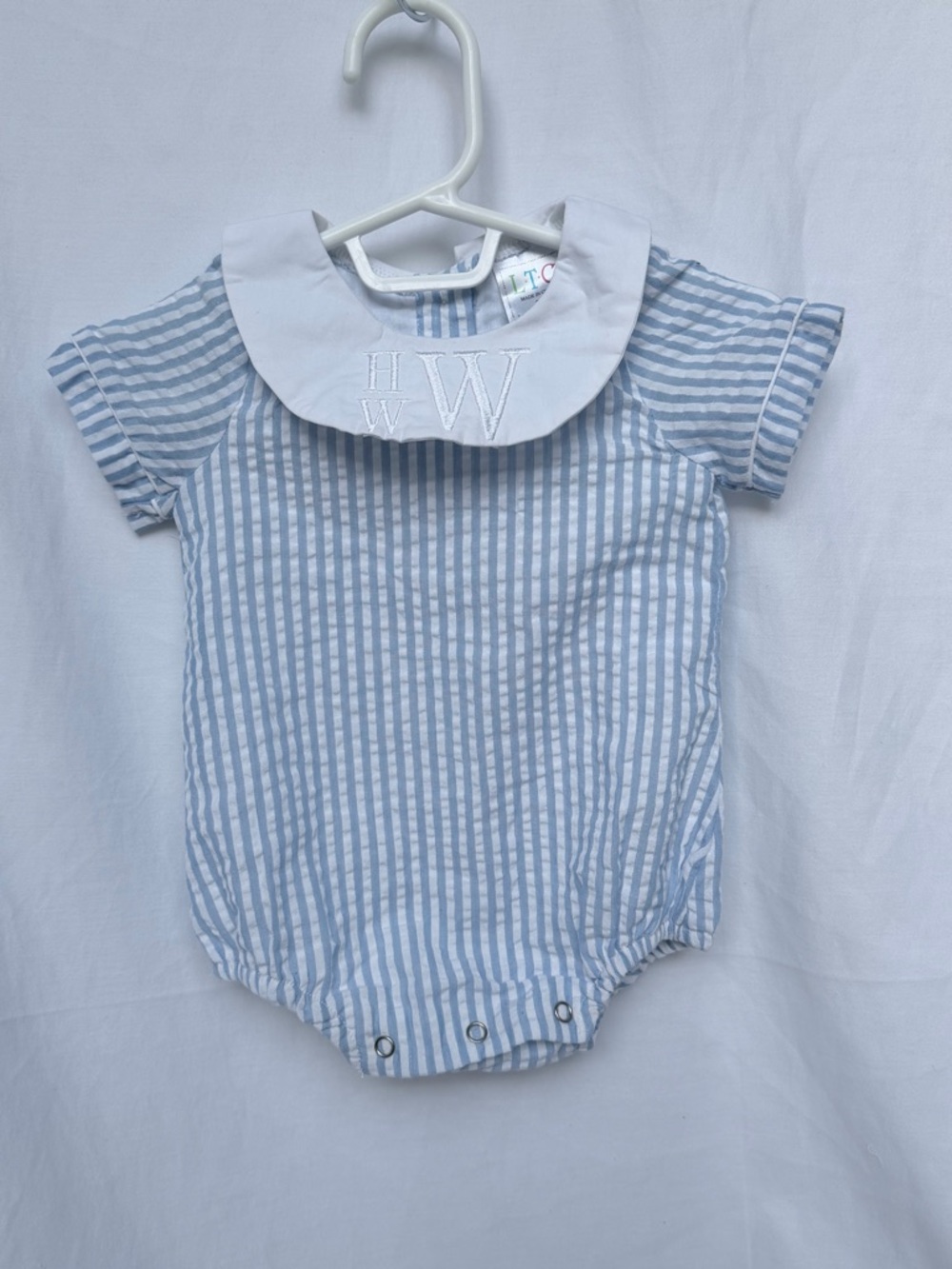 TC White Baby Romper with Blue Striped Trim and Embroidered W